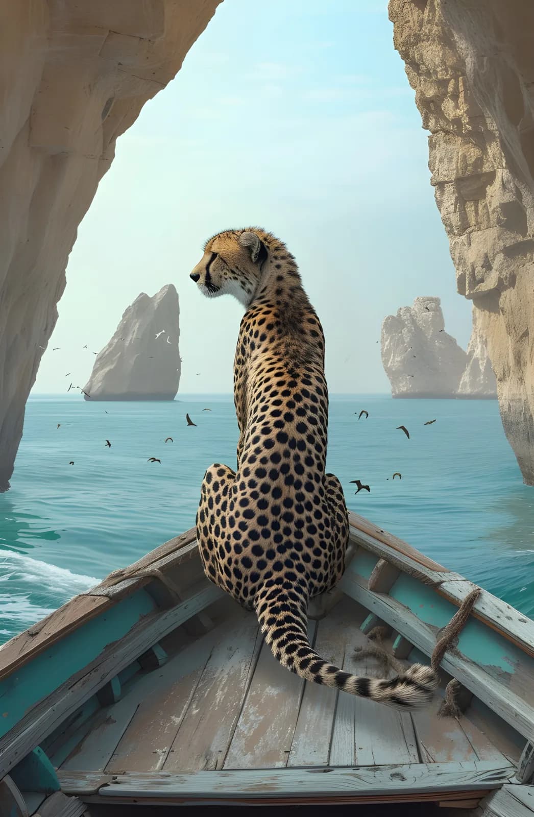 Maximalist animals Ginevra0934 A cheetah sitting on the bow of an open wooden boat af6d3cbc 88ab 47f7 846b f8265633abd5