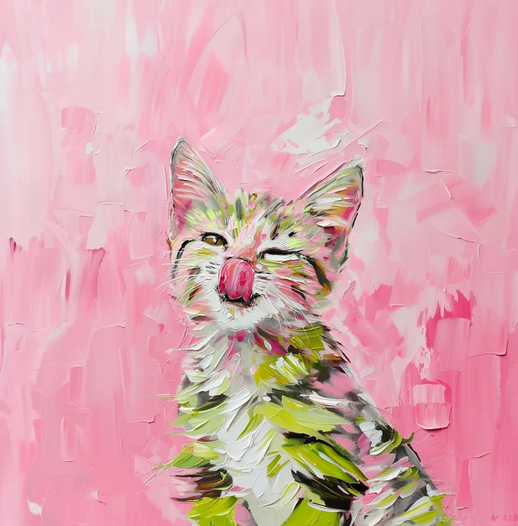 Maximalist animals Ginevra0934 A cute pink and green striped cat painted in thick 7bec95b0 763b 450f a7e4 a4940b490fbc