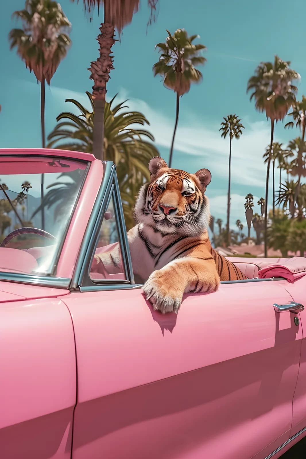 Maximalist animals Ginevra0934 Tiger in a pink convertible car in the style of Pal 17e5709b 4dfe 4a4c b363 e73f49bf21ef