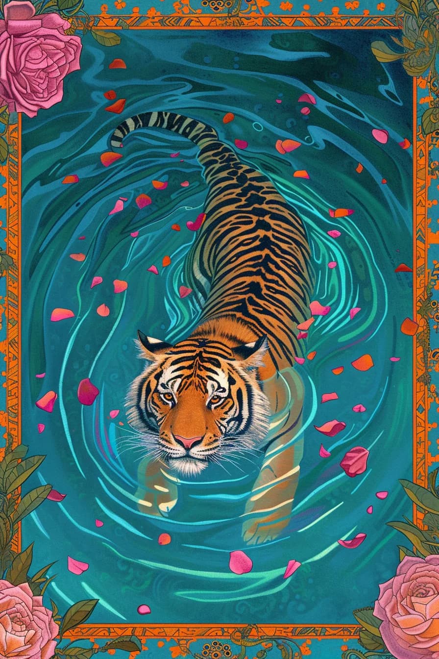 Maximalist animals Ginevra0934 Tiger swimming in a pool surrounded by water ripple 699e14e6 3e18 4377 84a8 1467f6b750f8