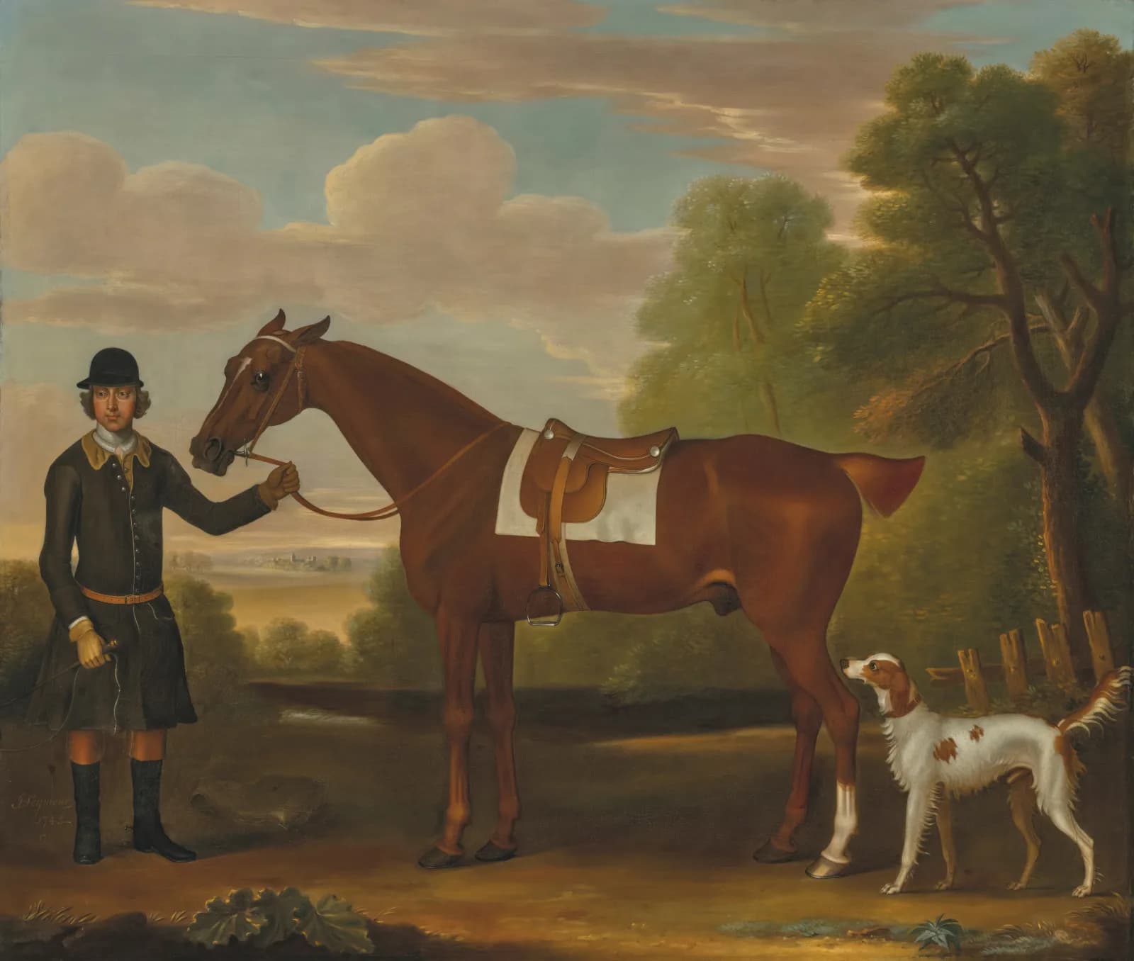 Vintage animals Lord Portmore’s ‘Snap’, a saddled chestnut hunter held by a groom, with a setter in a landscape