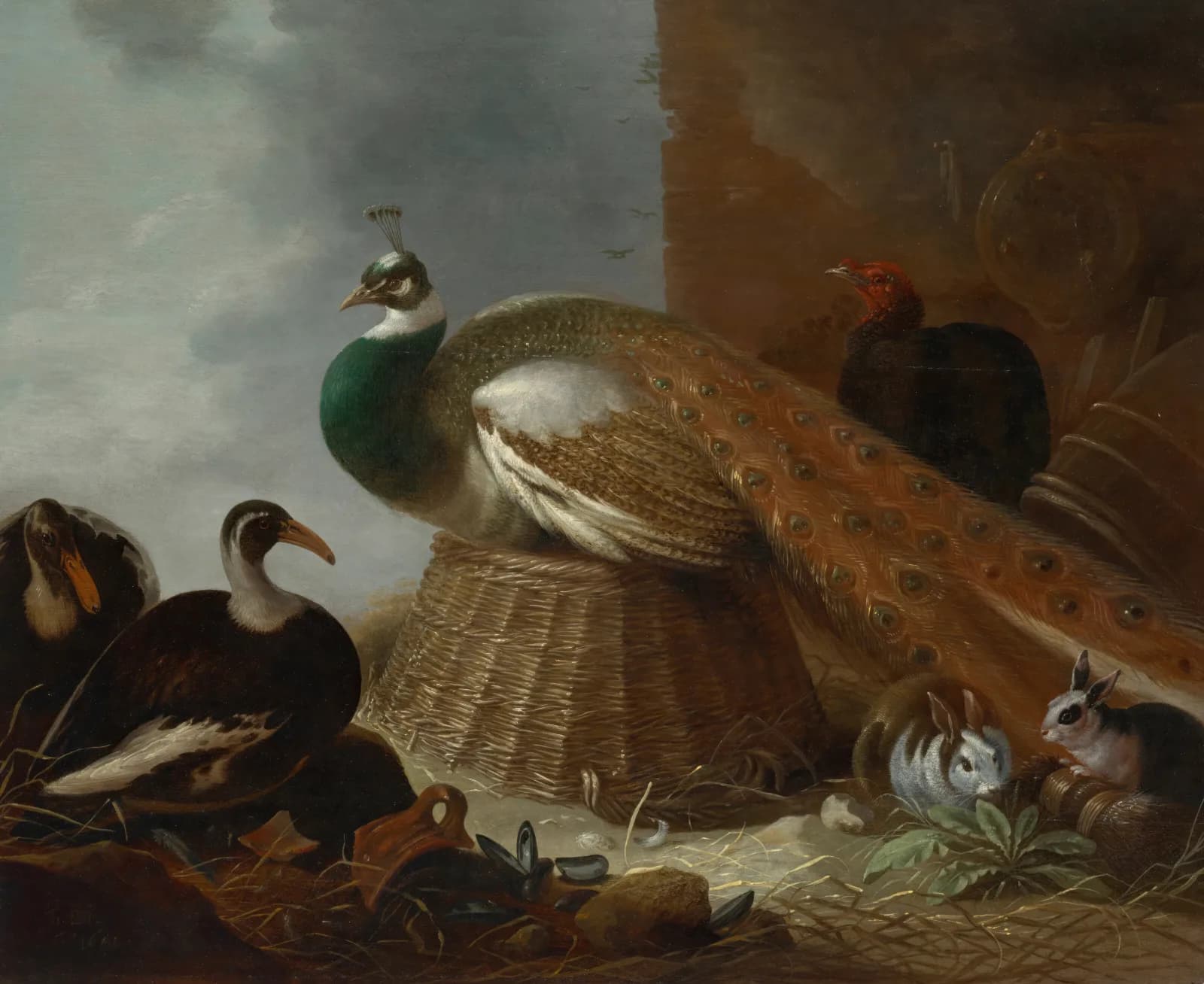 Vintage animals A peacock, a pair of ducks, rabbits and a turkey in a landscape
