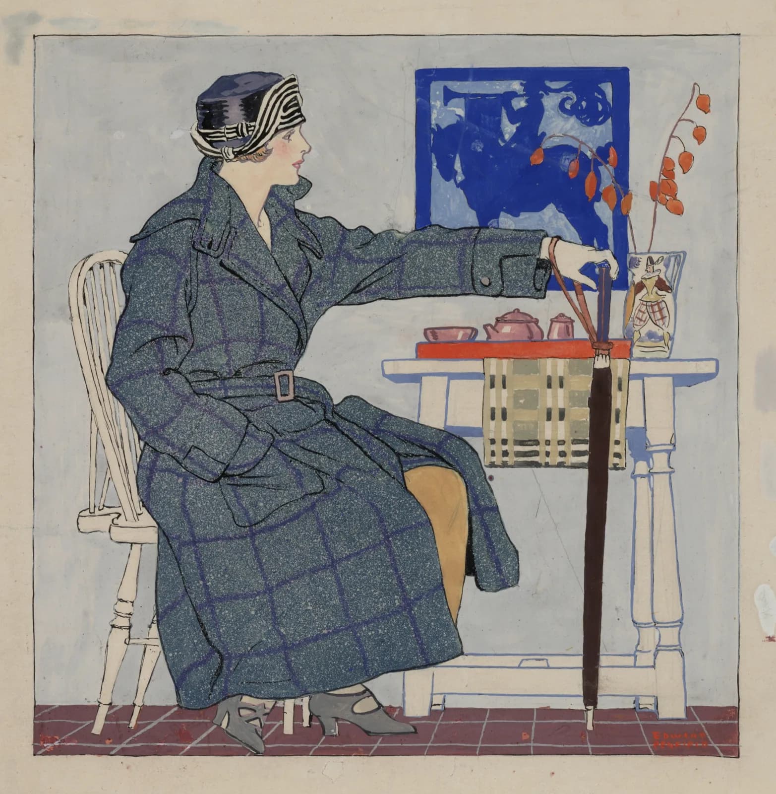 Art Deco Young woman sitting beside table holding umbrella (between 1910 and 1925) by Edward Penfield