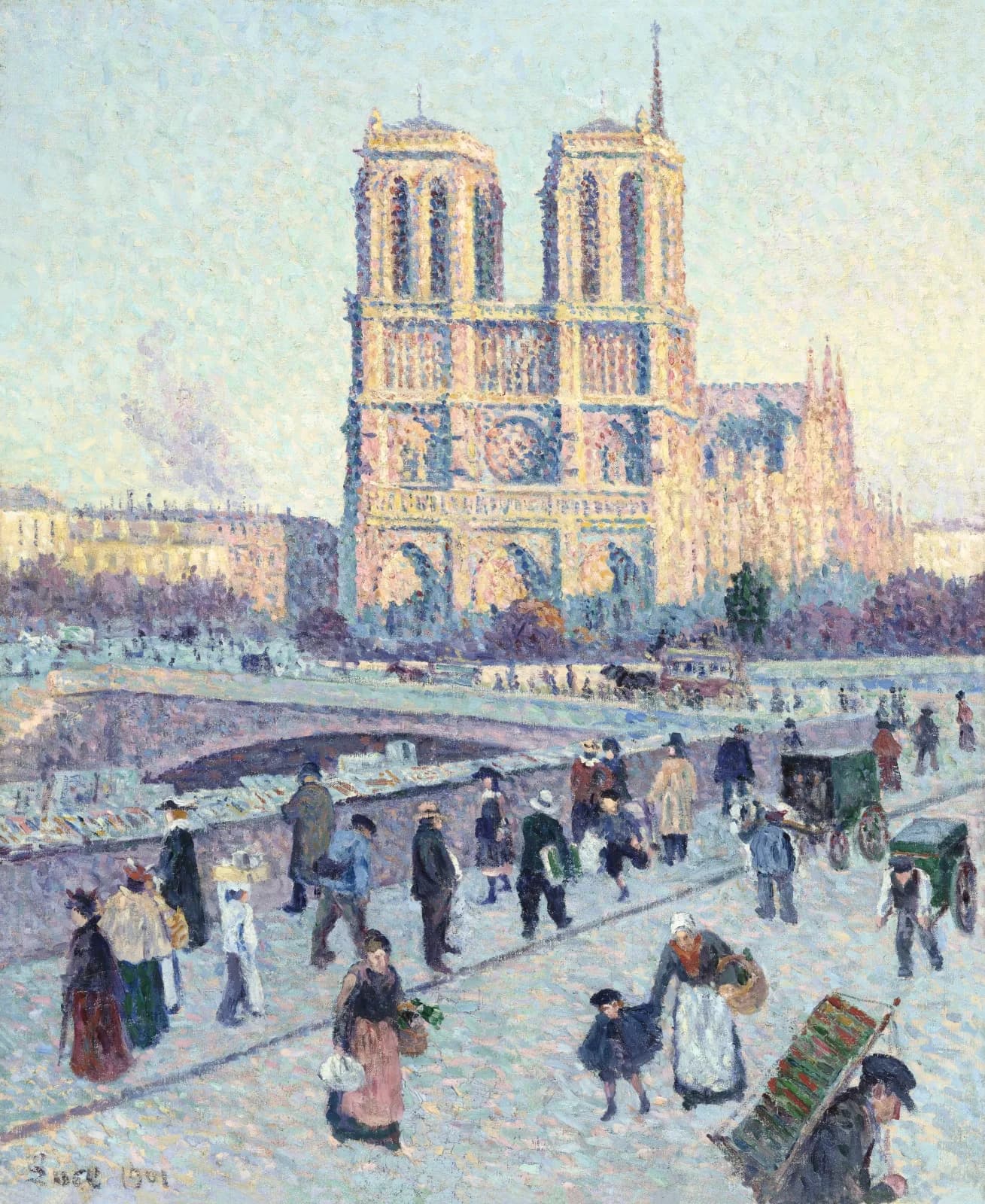 Pointillism The Quai Saint Michel and Notre Dame (1901) vintage illustration by Maximilien Luce
