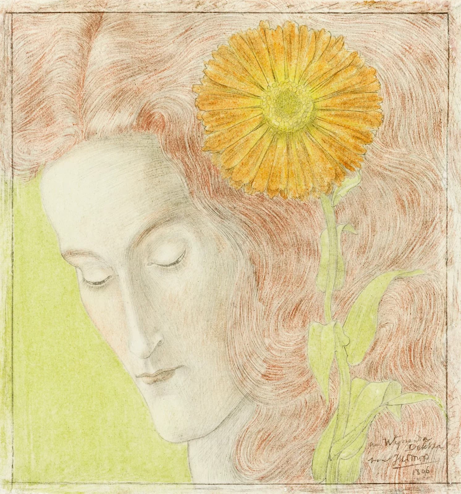 AUTUMN VINTAGE LD Woman s Head with Red Hair and Chrysanthemum (1896) by Jan Toorop