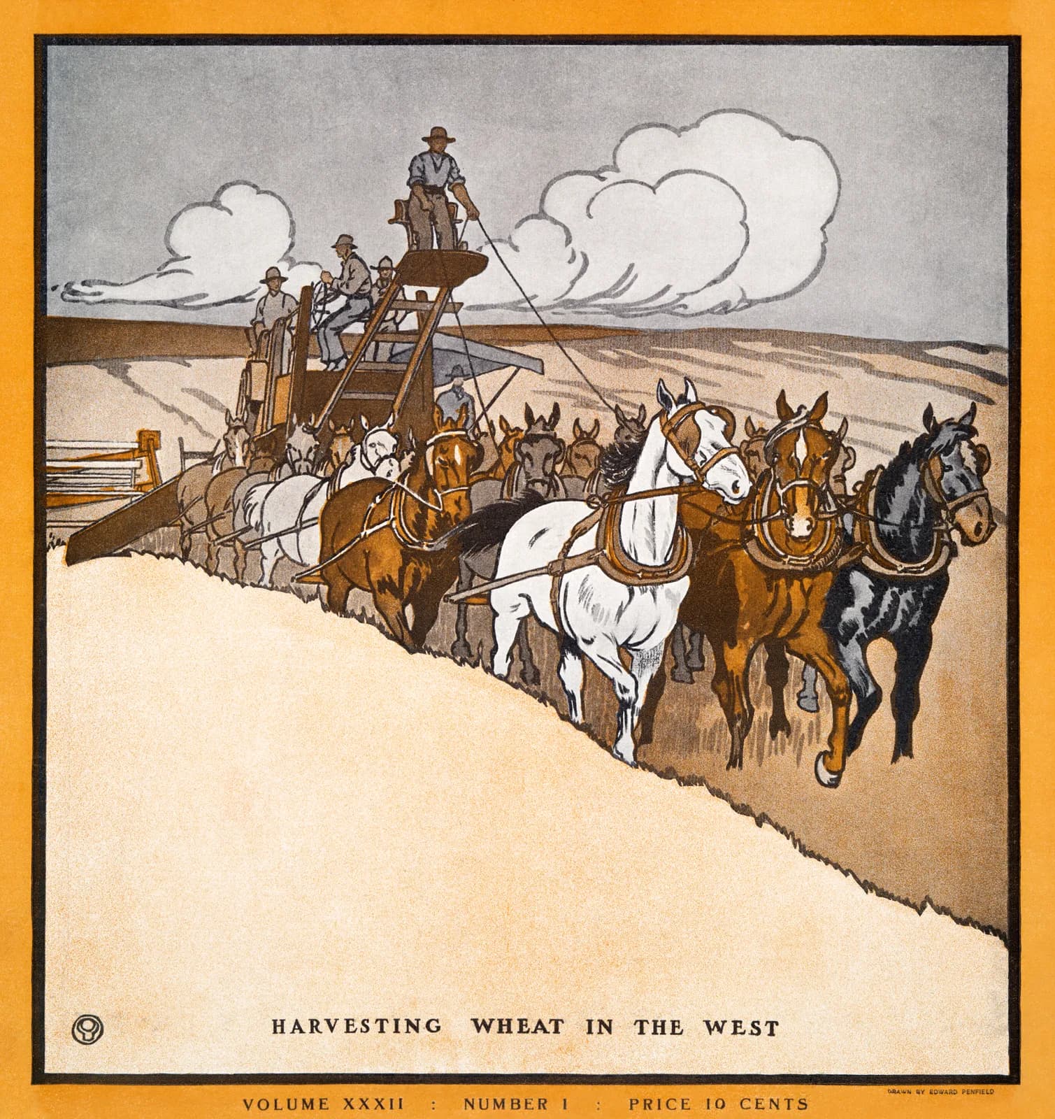 AUTUMN VINTAGE LD Harvesting Wheat in the West (1903) by Edward Penfield